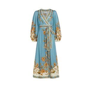 Zimmermann Chintz Wrap Midi Dress Womens 4 Large Blue Floral Long Sleeve V-Neck